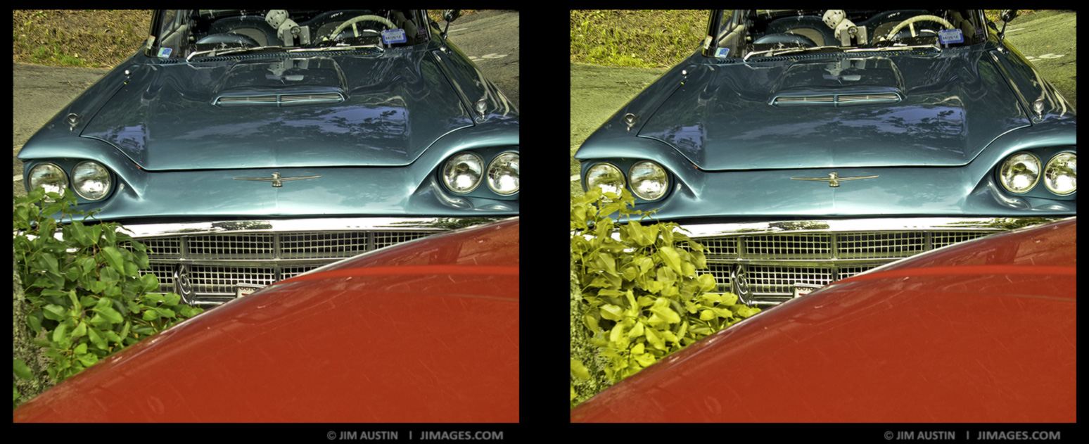 Old Car, New Car: Three ideas here 1) red is a forward moving hue, blues and greens retreat 2) Changing one hues changes all the color relationships 3) Colors reference the era they were produced.