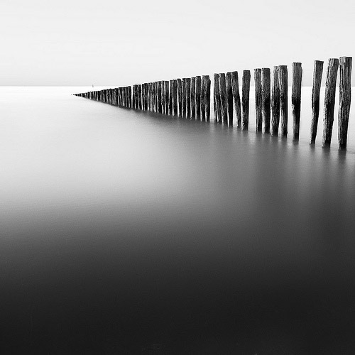 Black and white photo of Groynes in France with smooth water by Geoffrey Gilson.