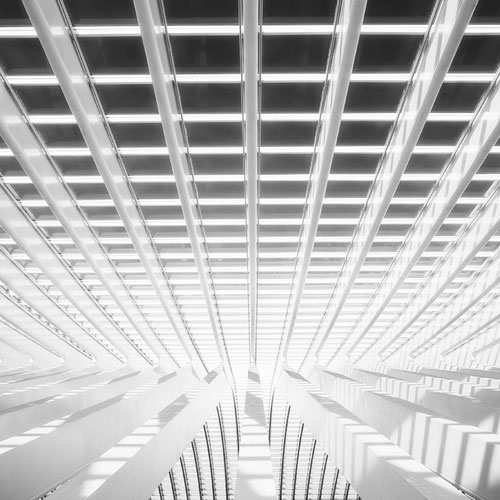 Black and white photo of Guillemins Train Station in Liege, Belgium by Geoffrey Gilson.