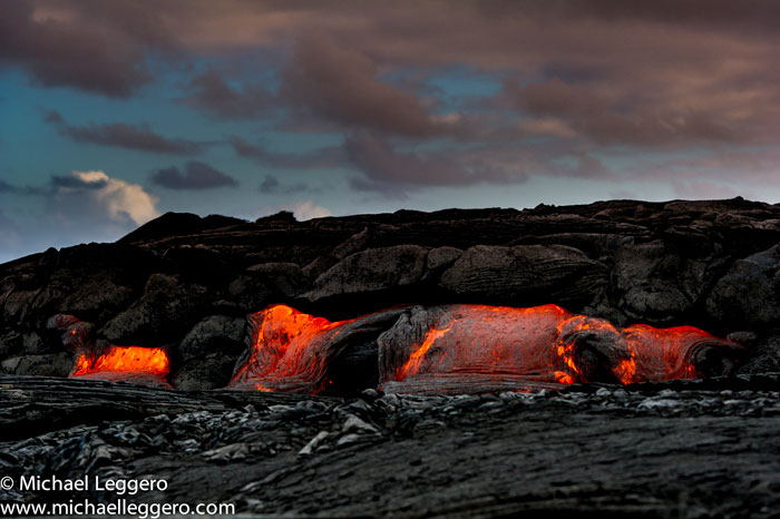 Landscape photo of hot Kilauea Volcano lava flow in Hawaii by Michael Leggero