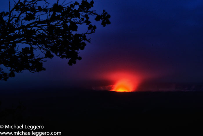 Night photo of hot Kilauea Volcano lava flow in Hawaii by Michael Leggero
