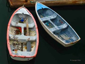 Acadia National Park, Maine: two dinghies floating on the water at Bar Harbor by Juergen Roth.