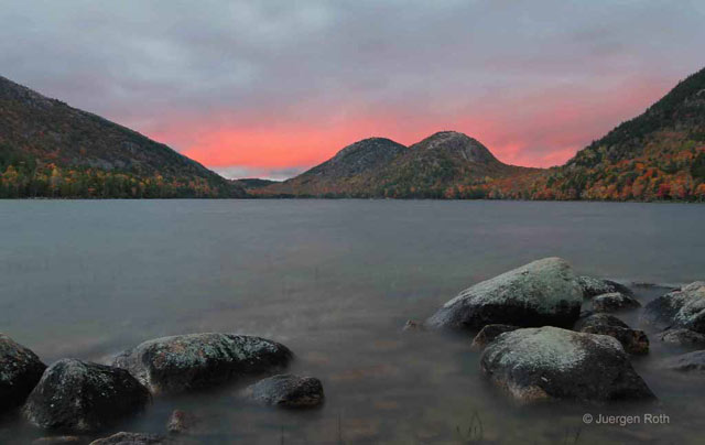 Acadia National Park, Maine: silky water effect of Jordan Pond with the Bubbles (hills) in the background at dusk by Juergen Roth.