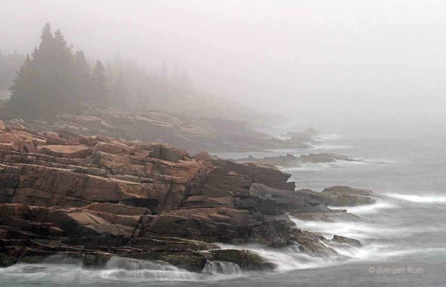 Acadia National Park, Maine: rocky seacoast image made in the fog and mist by Juergen Roth.