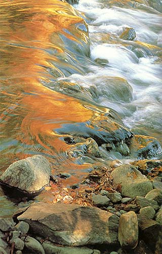 Close-up of flowing water with reflections of late afternoon orange light by Nancy Rotenberg.