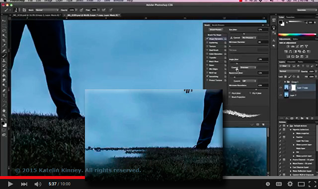 Screen shot of Photoshop showing the use of the scattering brush tool by Katelin Kinney.