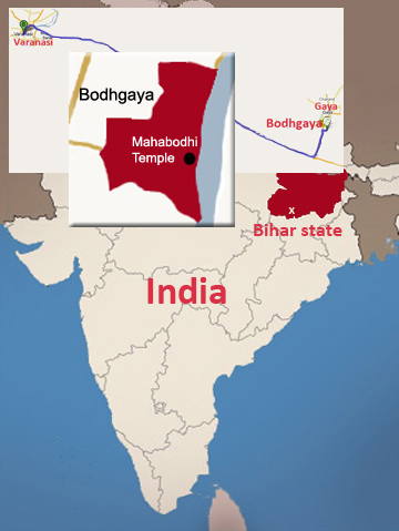 Map of Bihar state, India and road from Varanasi to Gaya to Bodhgaya.