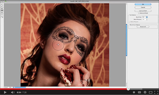 Screen shot of the Liquify Tool in use on a models face in Photoshop by Katelin Kinney.