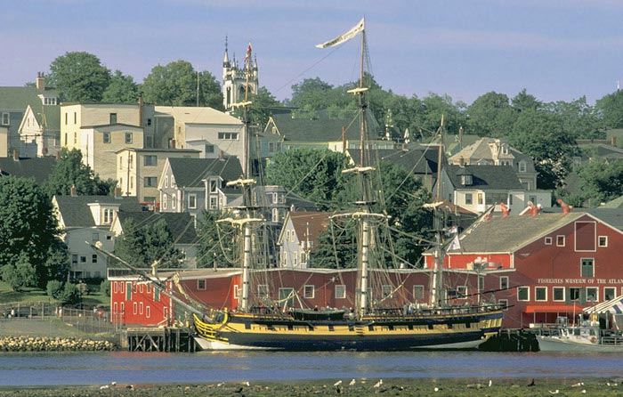 Photo of skyline and HMS Rose ship in Lumenburg, Nova Scotia by Mike Goldstein