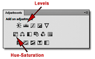 Photoshop Adjustments Panel: Screen shot showing location of Levels and Hue-Saturation icons by John Watts.