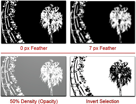 Photoshop Mask Propeties View: screen shot showing feather, density and invert functions by John Watts.