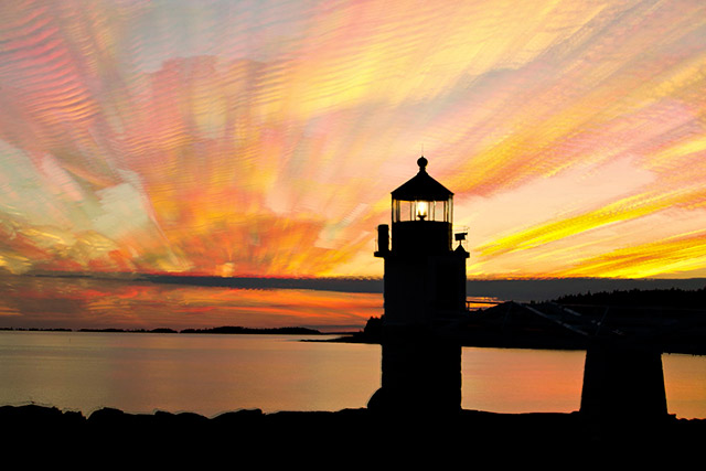 A colorful sunset image of the Marshall Point Lighthouse in Rockland, Maine created by stacking 57 images by Andy Long.