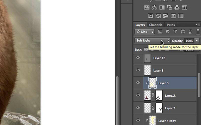 Photoshop screen shot of layers and the soft light blending mode by Katelin Kinney.