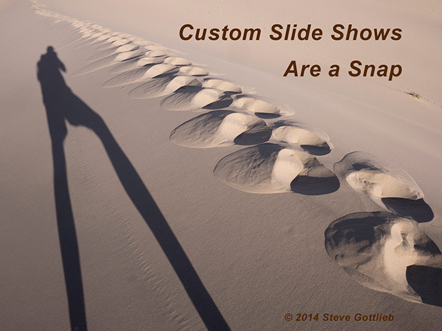 Image of the shadow of the photographer adn steps in a sand dune by Steve Gottlieb.