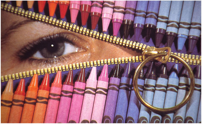 Jenney's Eye: Still life photo of zipper, crayons, and eye by Bill Black