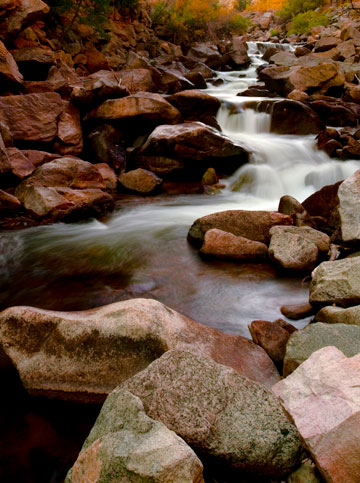 Photo of rocky mountain stream in autumn by Michael Leggero.