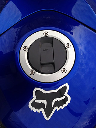 Detail of royal blue motorcycle gas tank captured by a smartphone camera by Allen Moore.