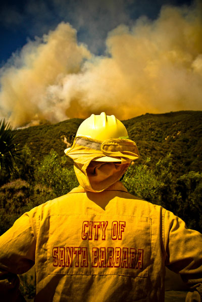 Photo of a Santa Barbara City fireman and smoke during Jesusita Wildfire in Santa Barbara by Michelle Wong