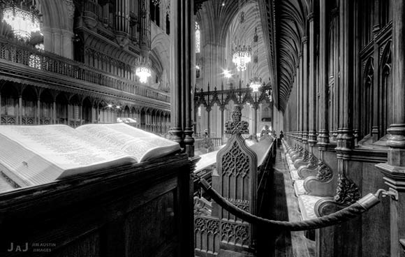 Black and white HDR image of "Great Choir" at the Washington National Cathedral by Jim Austin.