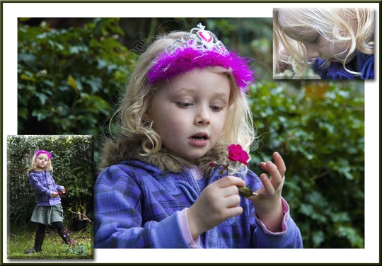 Photo portrait collage of a young child wearing a pink feathered tiara outside with green bushes for a backdrop by Cathy Topping.