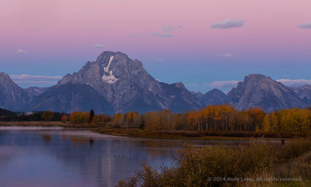 Image of Oxbow Bend, Tetons National Park, Wyoming: The water, trees, and mountain leading to the sky not only set up textural layers, but compliment Mount Moran by Andy Long.