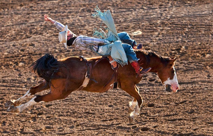 Stop action photography: Cowboy riding saddle bron horse by Brad Sharp.