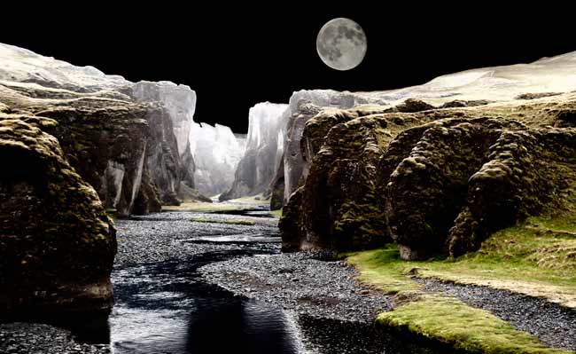 Photographic Travels in Iceland: Secret location of glacier and moon at night by Michael Legerro.