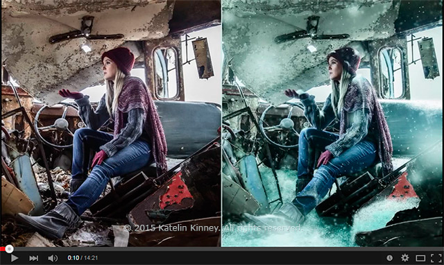 Before and after screen of showing the creation of snow in Photoshop by Katelin Kinney.