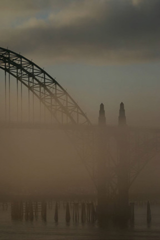 Image of a bridge and its reflection in the fog by Andy Long.