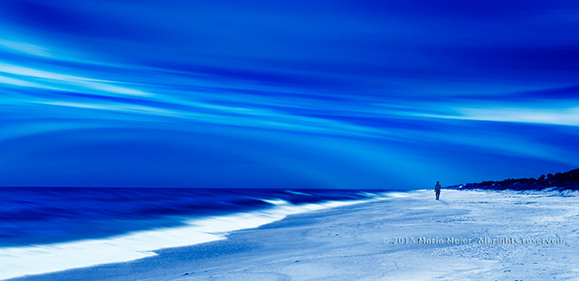 Blue-toned beach scene with man walking "Out of the Blue" by Marla Meier.