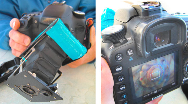 Photos of combined Vest Pocket Kodak camera and Canon 7D digital SLR camera by Jim Austin