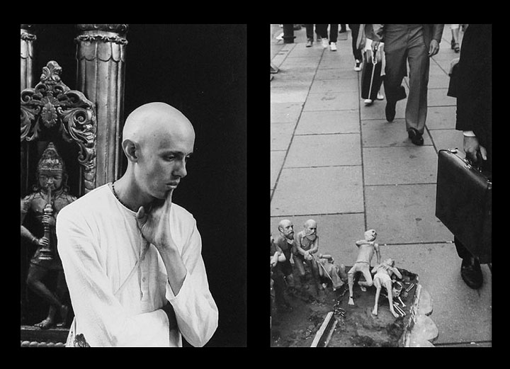 Photo diptych of man contemplating the life cycle on 42nd St., N.Y. by Ned Harris.
