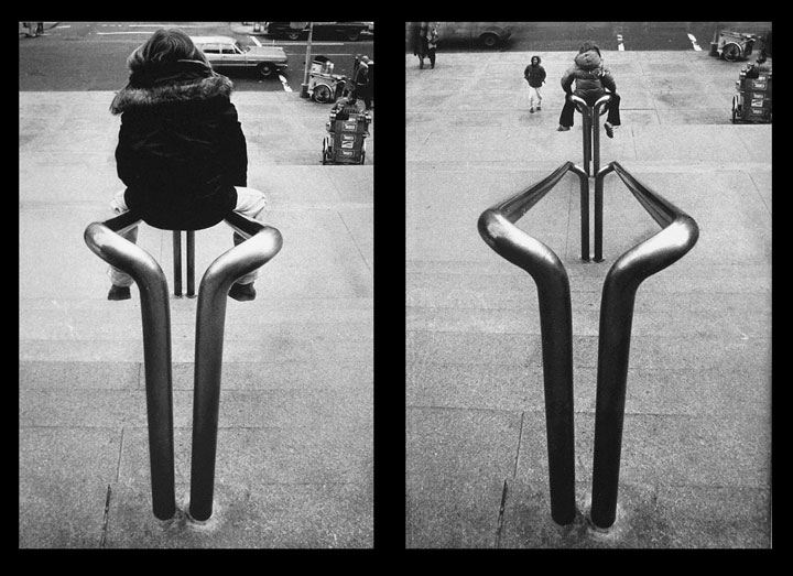 Photo diptych of boys on banisters making a playground of the entrance to the Metropolitan Museum of Art by Ned Harris.