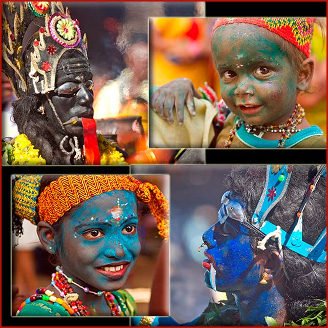 Dasara festival in India: adult and children with painted faces and colorful jewelry celebrate the festival by Kris Hariharan.