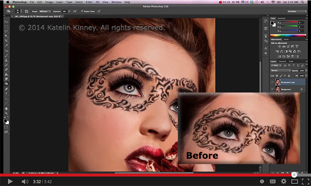 Screen shot of a models eyes were made to sparkle using Photoshop tools by Katelin Kinney.