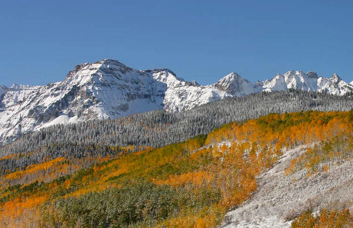 Photo of mountains, pine trees and Aspen trees in snow near Telluride, Colorado by Andy Long