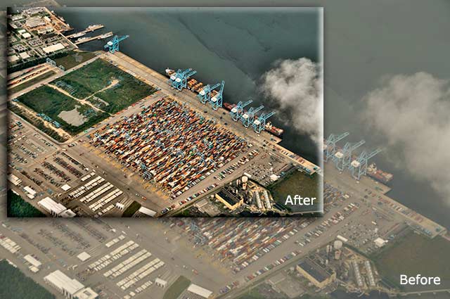 Aerial photo of shipping yard on the river showing before and after post-processing by Allen Moore.