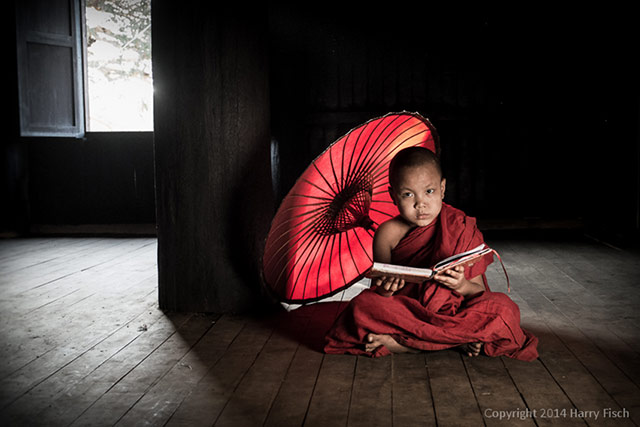 A young monk in red garments sits on a wood floor with a red umbrealla and book at Bagan, Myanmar by Harry Fisch.