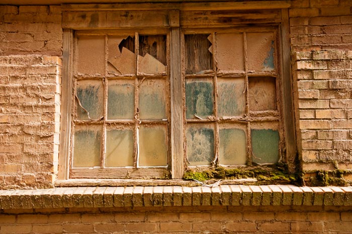Photo of dust covered windows at the Gladding, McBean Terra Cotta Factory by Robert Hitchman