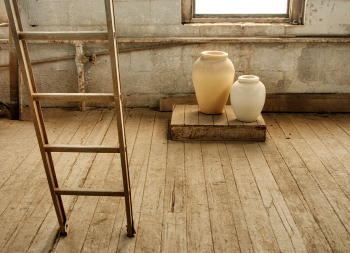 Photo of old ladder and pots at the Gladding, McBean Terra Cotta Factory by Robert Hitchman