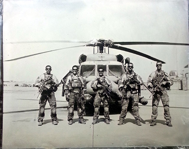 Tintype portrait of a helicopter and pararescuemen during the war in Afghanistan by Ed Drew.