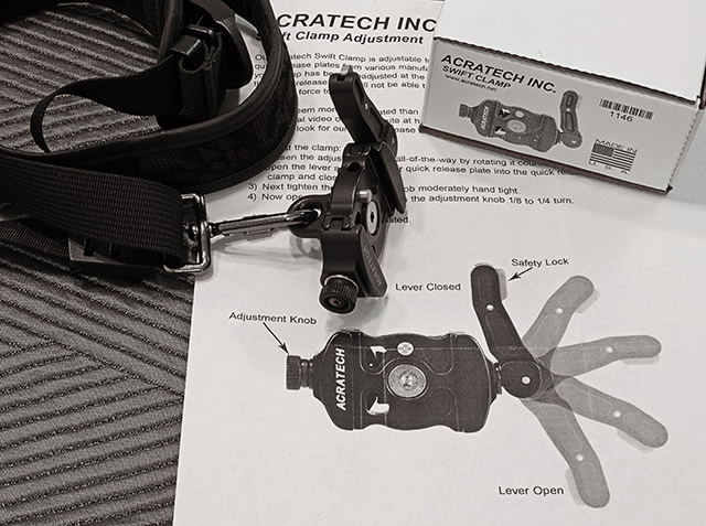Image of the Acratech Swift Release on a sling style camera strap by Marla Meier.